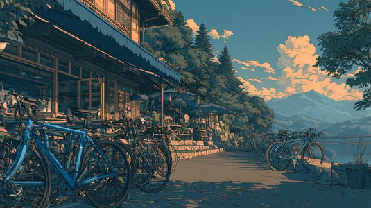 Bicycles parked outside lakeside shops with mountains in the distance.
