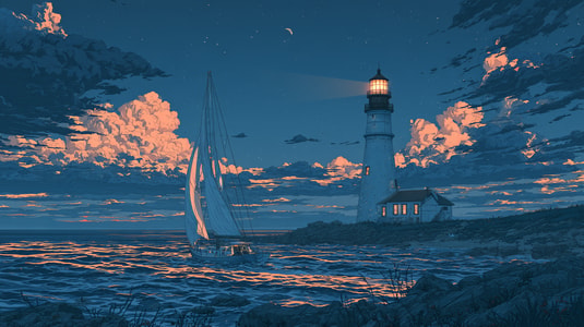 Sailboat passing a lit lighthouse beneath glowing clouds at dusk.
