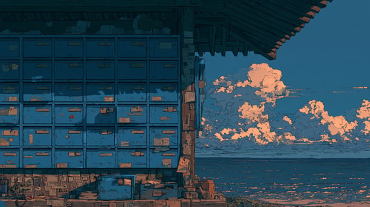 Illustration of rows of blue mailboxes beneath a wooden roof beside the ocean, with sunset-lit clouds.