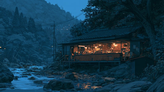 Illuminated cabin beside a rocky mountain stream at dusk.