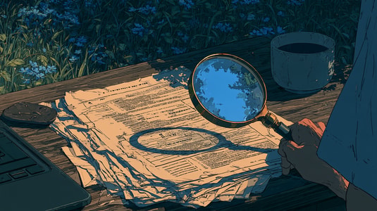 Illustration of a magnifying glass examining printed survey reports beside a laptop and coffee cup.