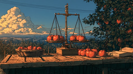 Apples being weighed on a balance scale in an orchard.