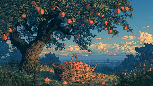 Basket of harvested apples beneath a fruit-laden tree, illustrating value realization.