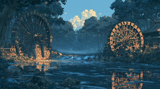 Illustration of two wooden waterwheels beside a forest river in warm evening light.