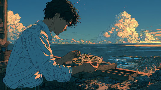 Illustration of a person working on a mechanical device at a seaside workbench at sunset.