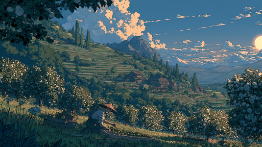 Illustration of a farmer tending a hillside orchard, with terraced fields and mountains in the background.