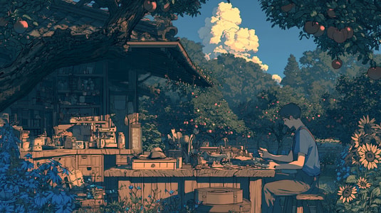 Illustration of a person working at a wooden workbench surrounded by fruit trees and sunflowers.