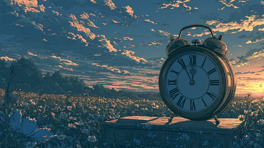 Illustration of a vintage alarm clock on a wooden box in a wildflower meadow at sunset.