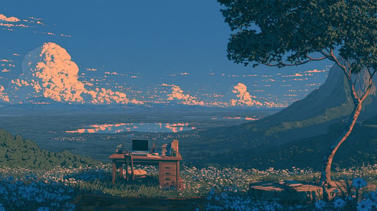 Illustration of a desk with a laptop and books in a wildflower meadow overlooking a mountain valley.