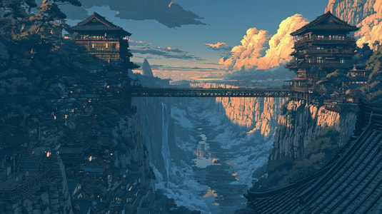 Illustration of a bridge connecting two cliffside towers above a deep canyon at sunset.