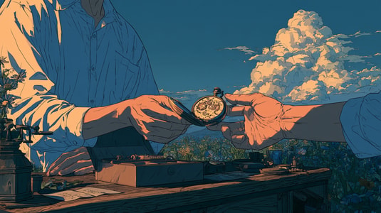 Illustration of a person handing a pocket watch to another person across a wooden workbench.