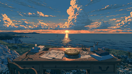 Illustration of a wooden desk with papers and books overlooking the ocean at sunset.